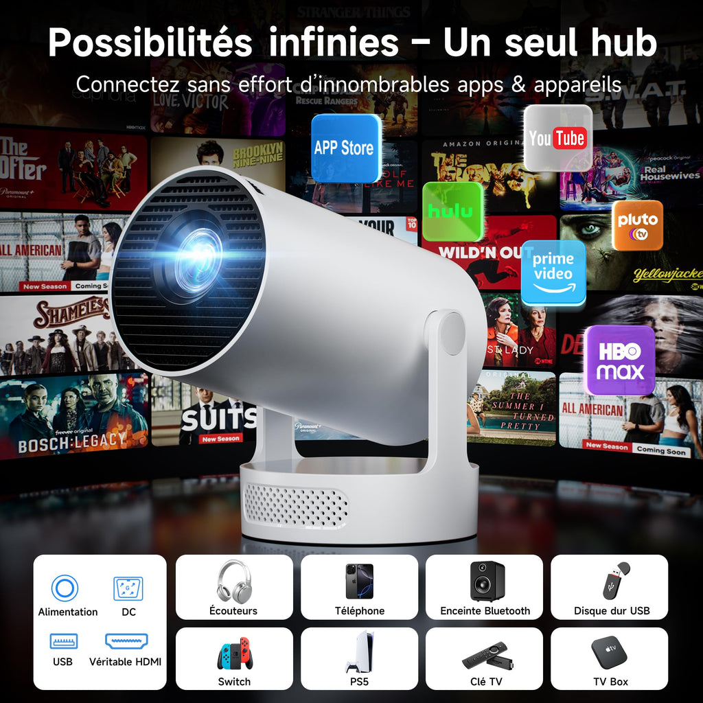 Vidéoprojecteur WiFi 6 & Bluetooth 5.4 — apps intégrées, image alignée automatiquement, installation rapide
