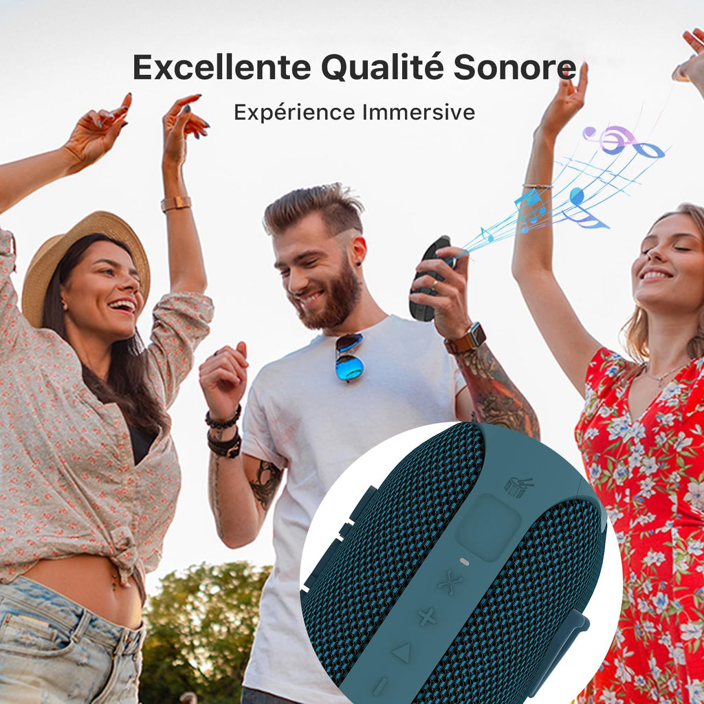 Mini enceinte Bluetooth à mousqueton — étanche IP68, mode rythmique, 24h, pilotable par appli