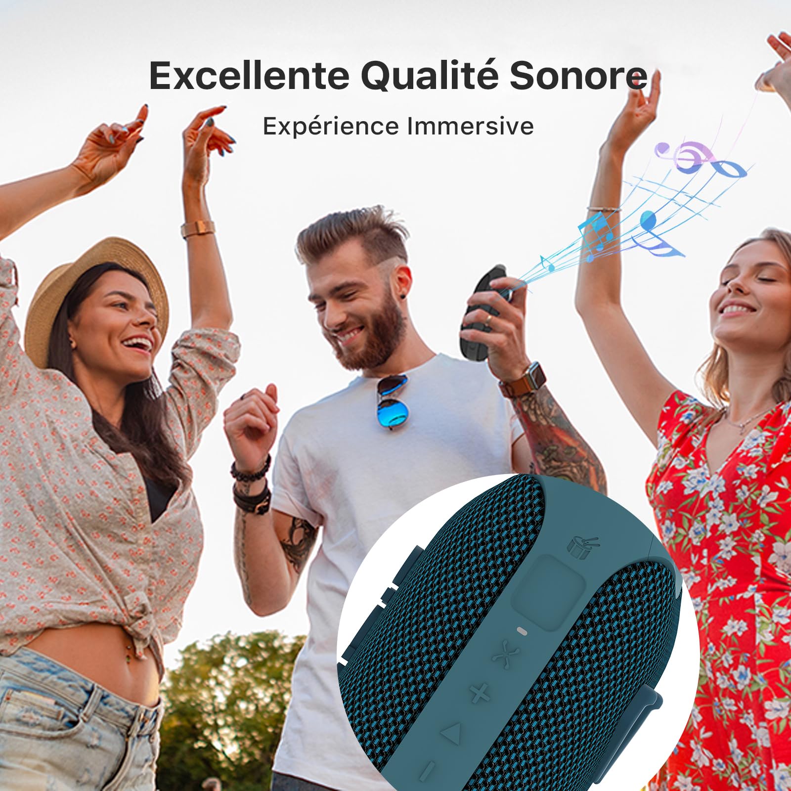Mini enceinte Bluetooth à mousqueton — étanche IP68, mode rythmique, 24h, pilotable par appli