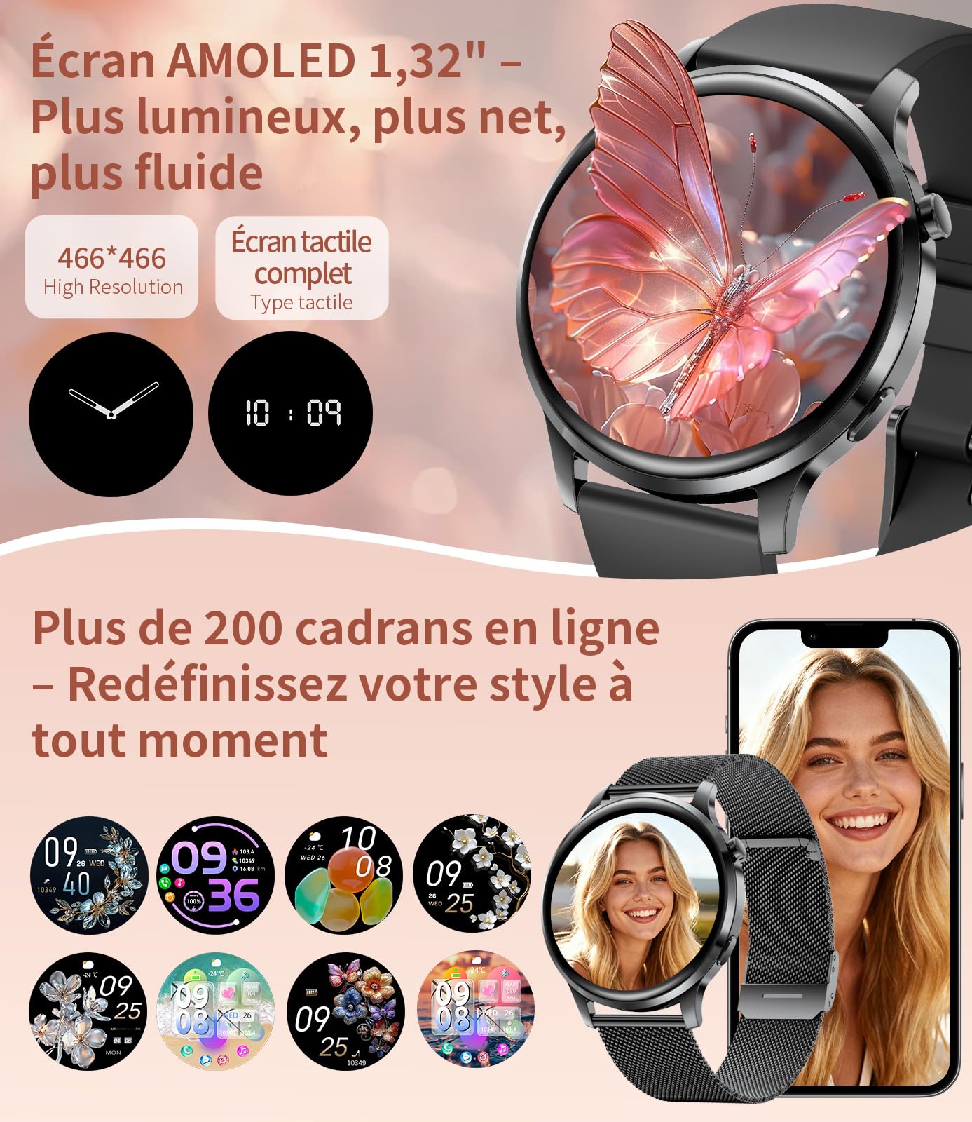 Montre connectée femme sport AMOLED 1,32 pouces appel Bluetooth santé fitness