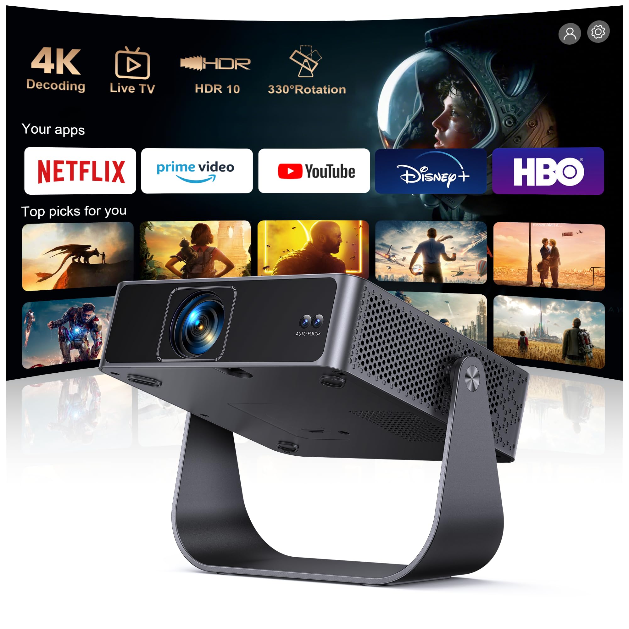 Vidéoprojecteur mini 4K apps officielles live TV rotation 330° autofocus
