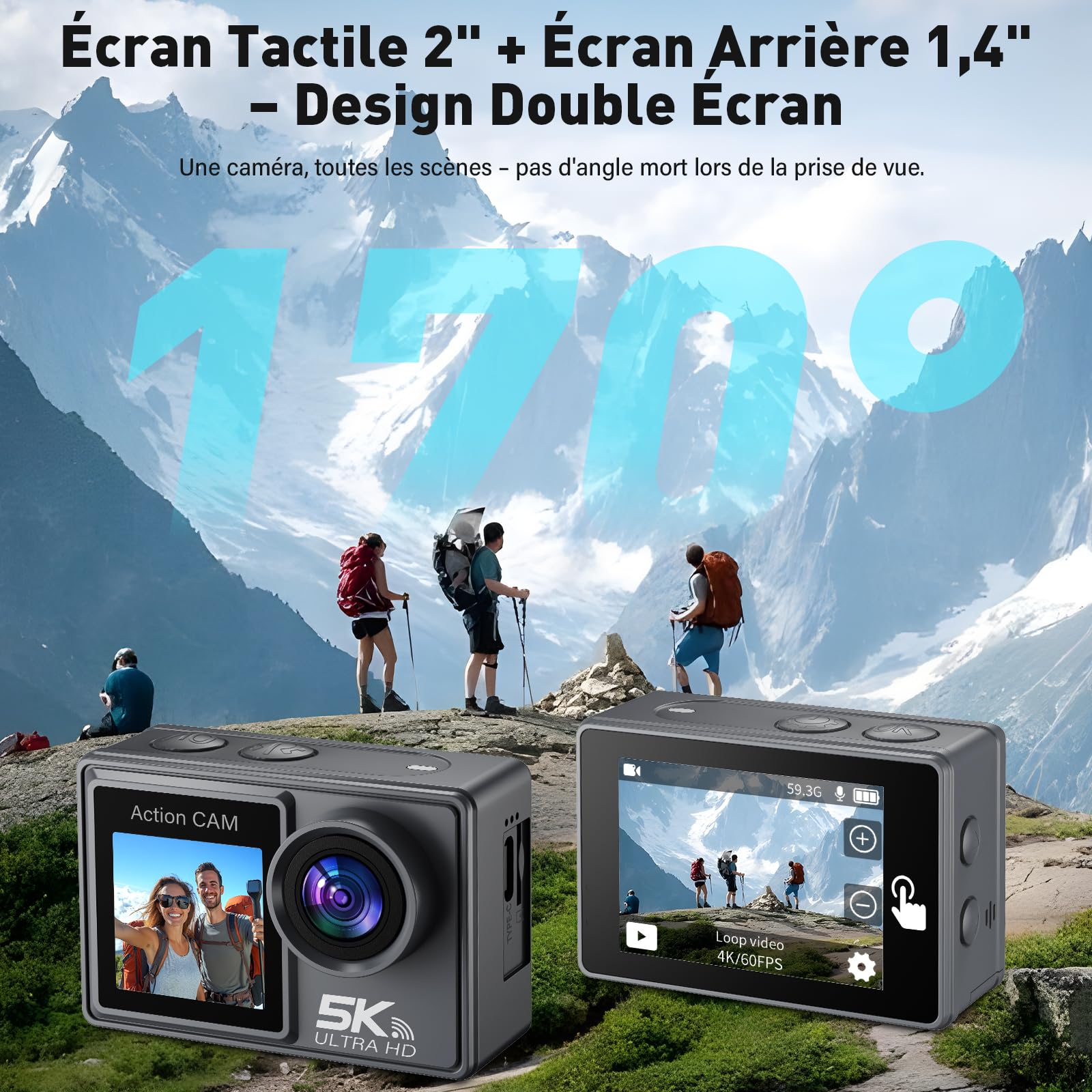 Caméra d'action 5K 50MP double écran tactile — zoom 5X, stabilisation EIS 6 axes, étanche 30 m, WiFi