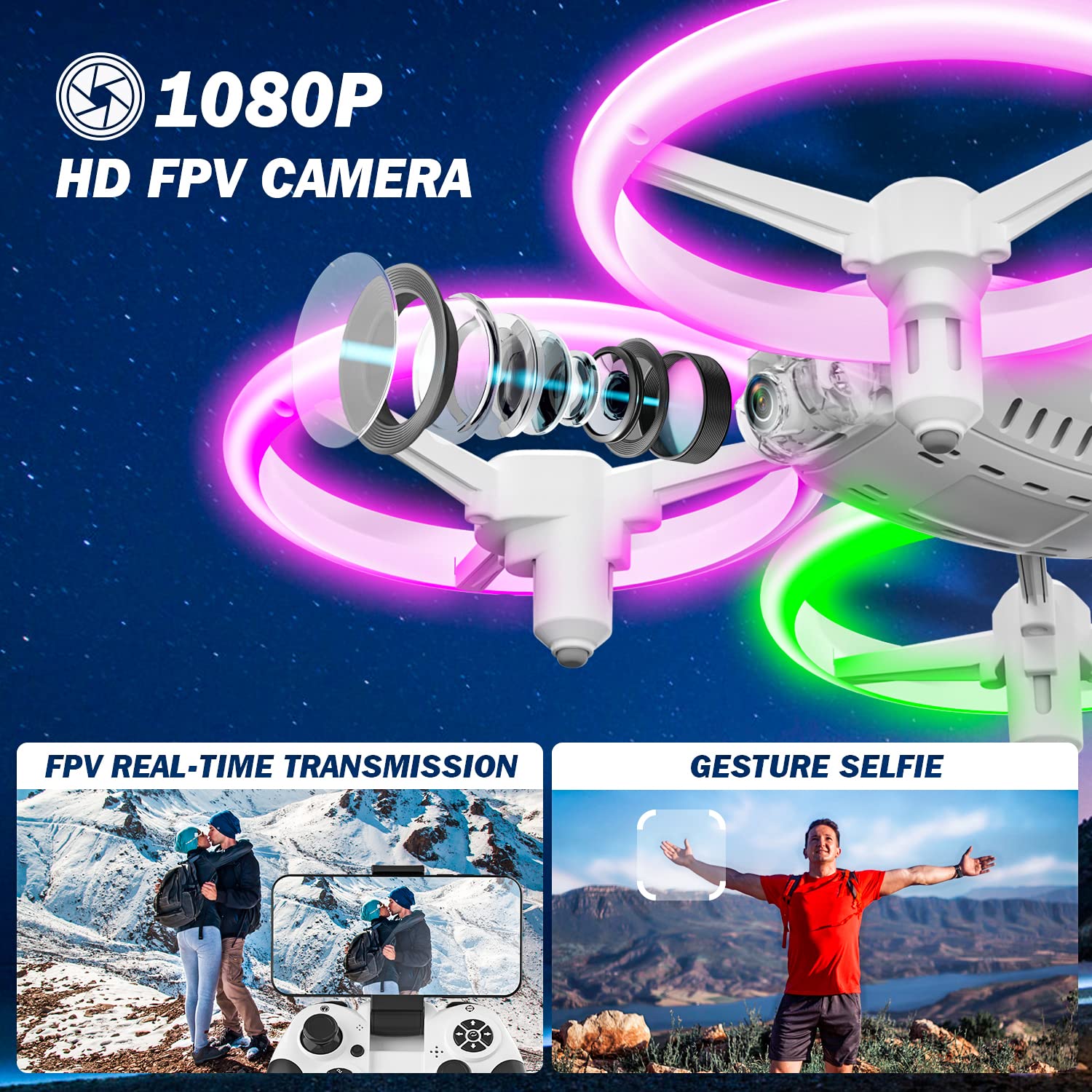 Drone caméra HD LED — maintien d'altitude, mode sans tête, 2 batteries