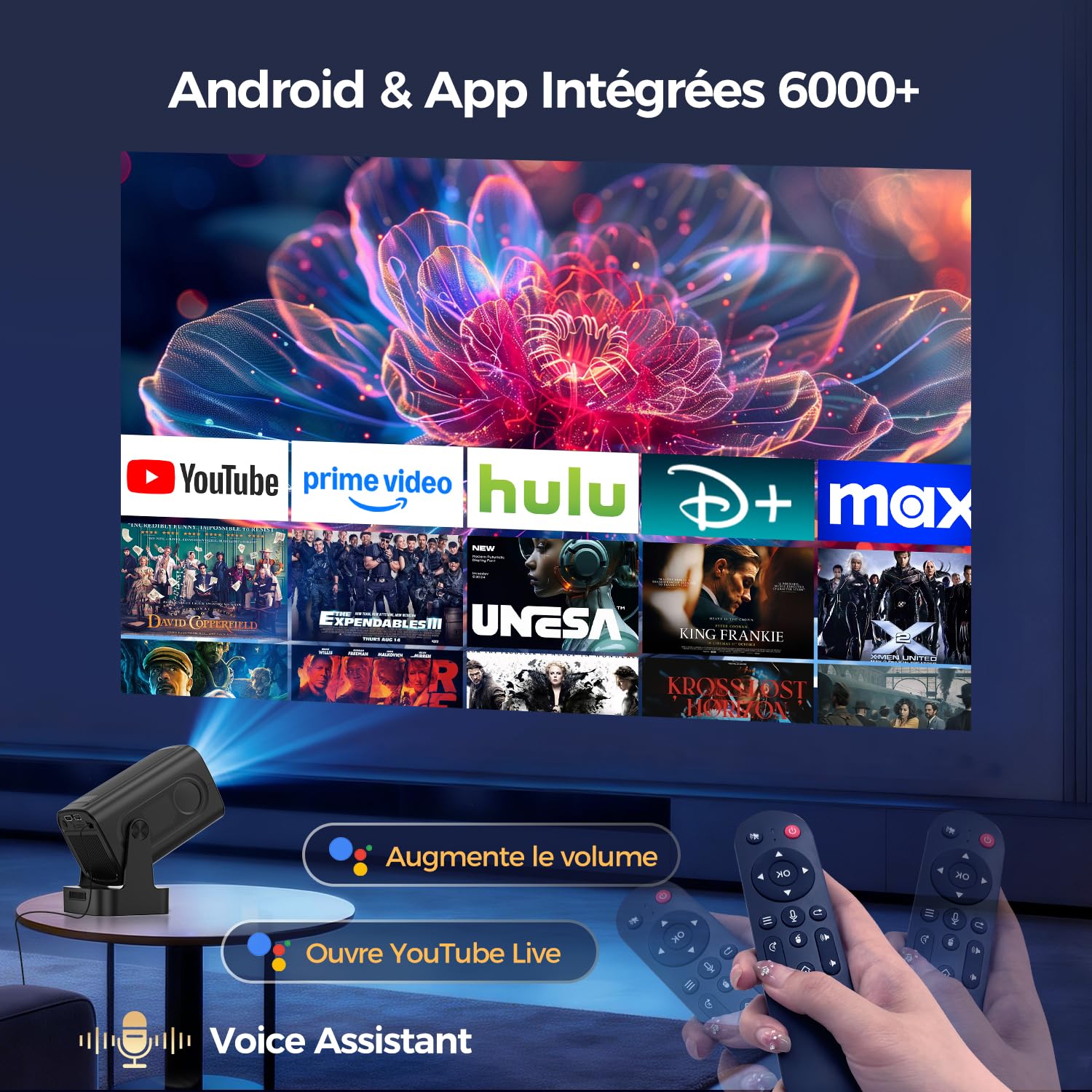 Mini vidéoprojecteur Android 1080P natif (4K pris en charge) — WiFi 6, Bluetooth 5.4, mise au point automatique