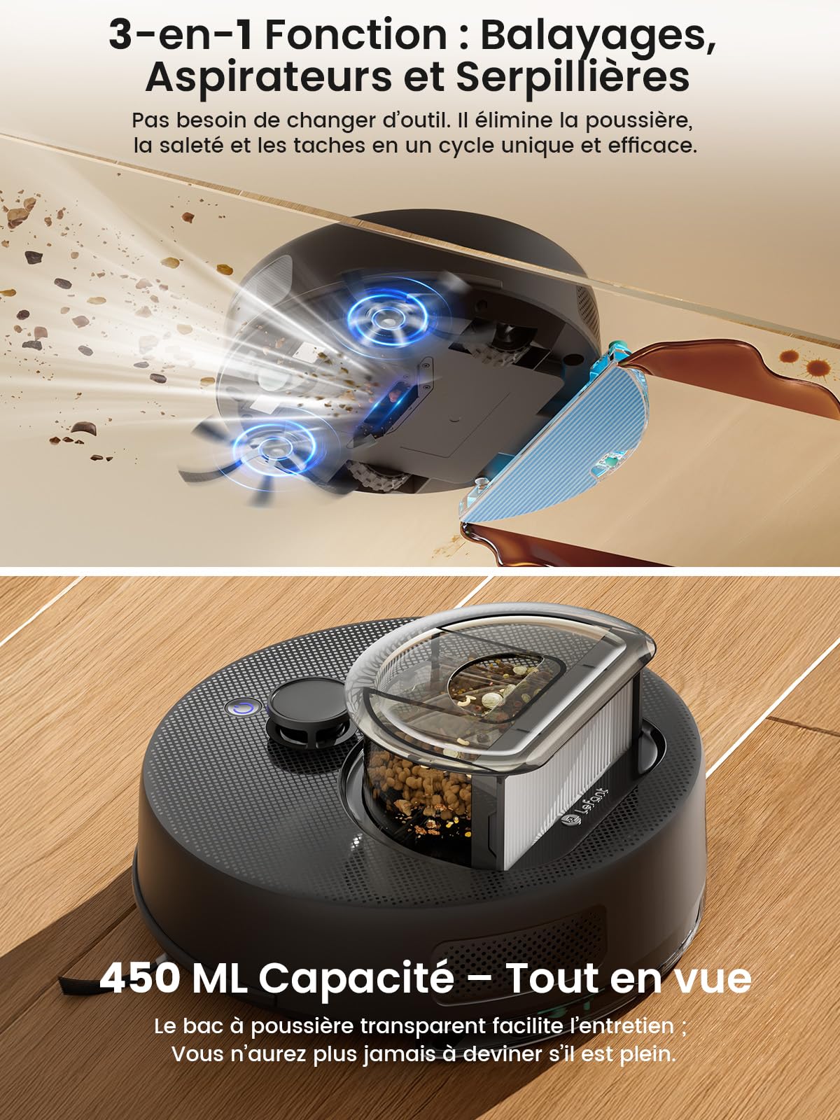 Robot aspirateur laveur serpillière 3 en 1 5000Pa anti-emmêlement
