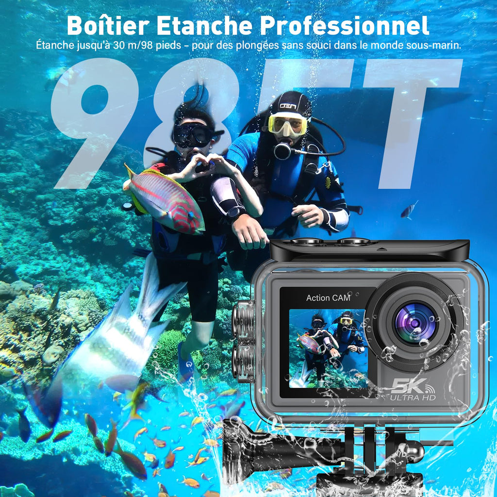 Caméra d'action 5K 50MP double écran tactile — zoom 5X, stabilisation EIS 6 axes, étanche 30 m, WiFi