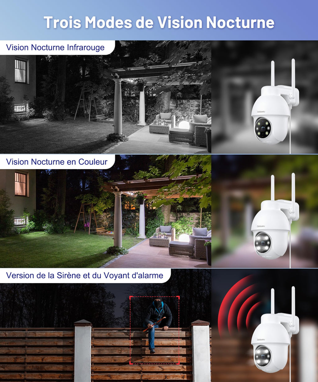 Caméra extérieure WiFi 2K PTZ 360° — vision nocturne couleur, sirène, enregistrement 24/7, IP65
