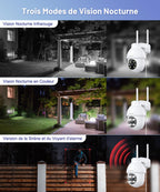Caméra extérieure WiFi 2K PTZ 360° — vision nocturne couleur, sirène, enregistrement 24/7, IP65