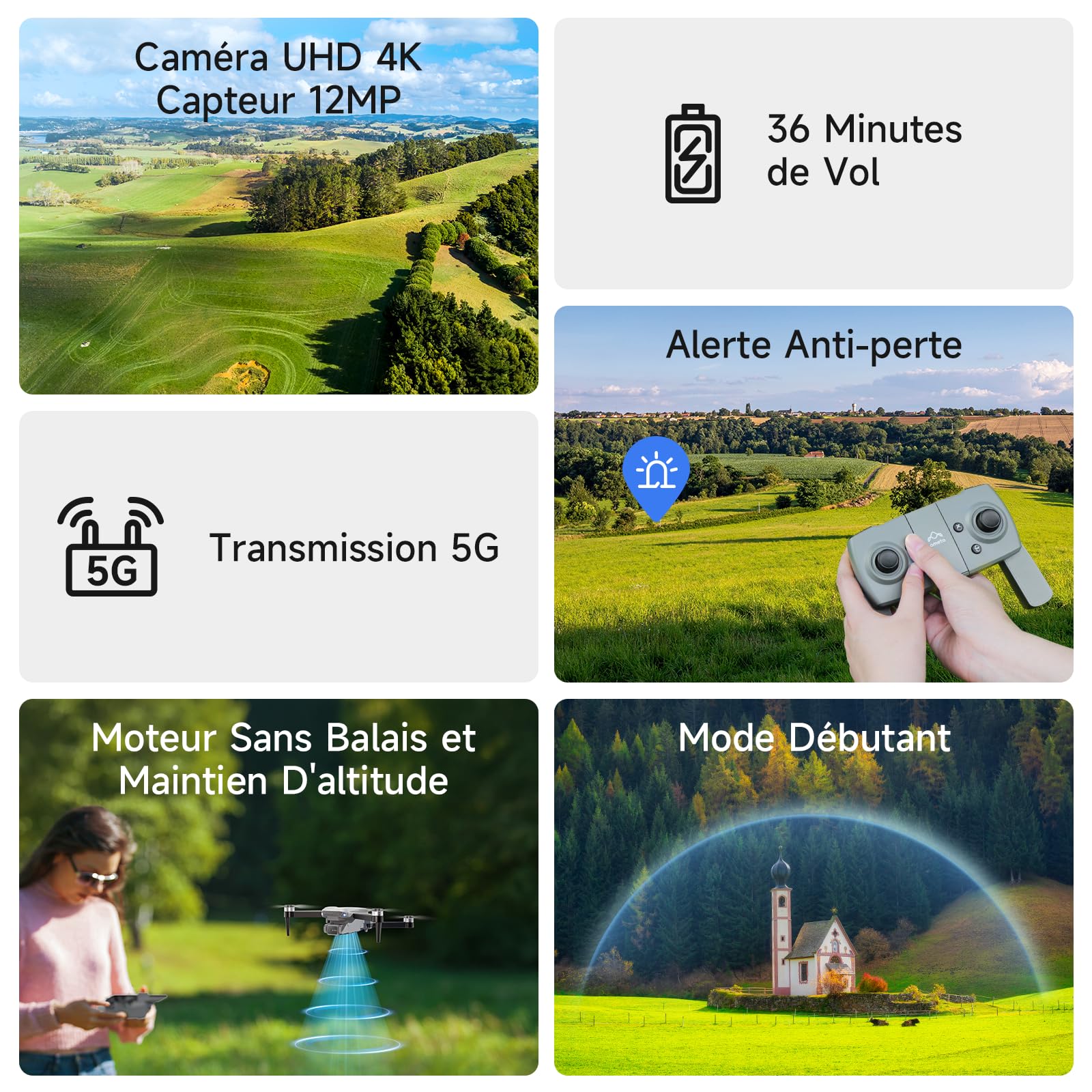 Drone caméra 4K UHD pliable — capteur 12 MP, FPV 5G, 2 batteries (36 min), sac