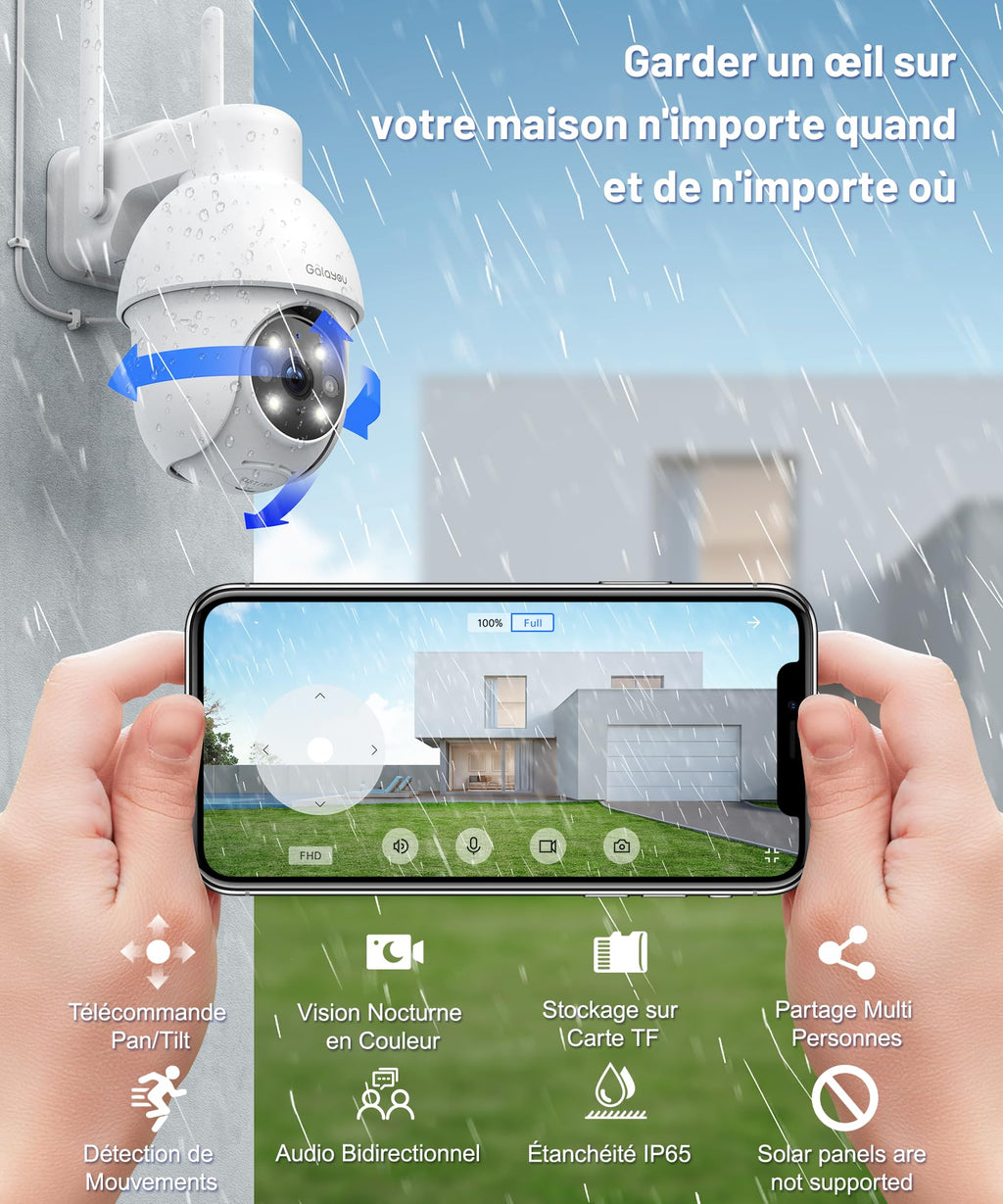 Caméra extérieure WiFi 2K PTZ 360° — vision nocturne couleur, sirène, enregistrement 24/7, IP65