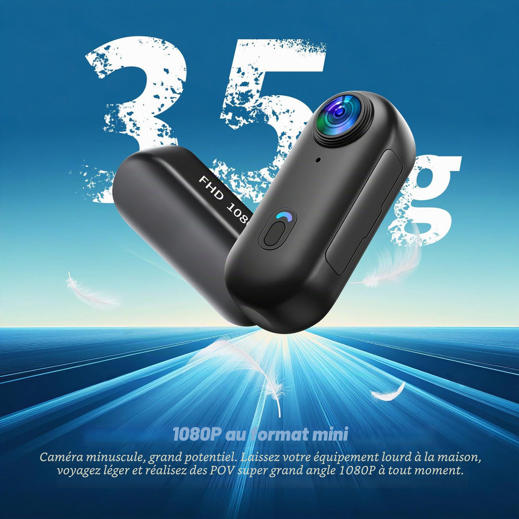 Mini caméra action format pouce 1080P — WiFi, étui étanche 30 m, fixation aimantée, démarrage 1 clic