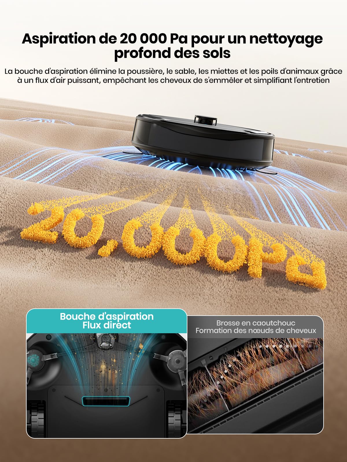 Robot aspirateur laveur 20000Pa 800ml boîte poussière 28cm ultra-compact