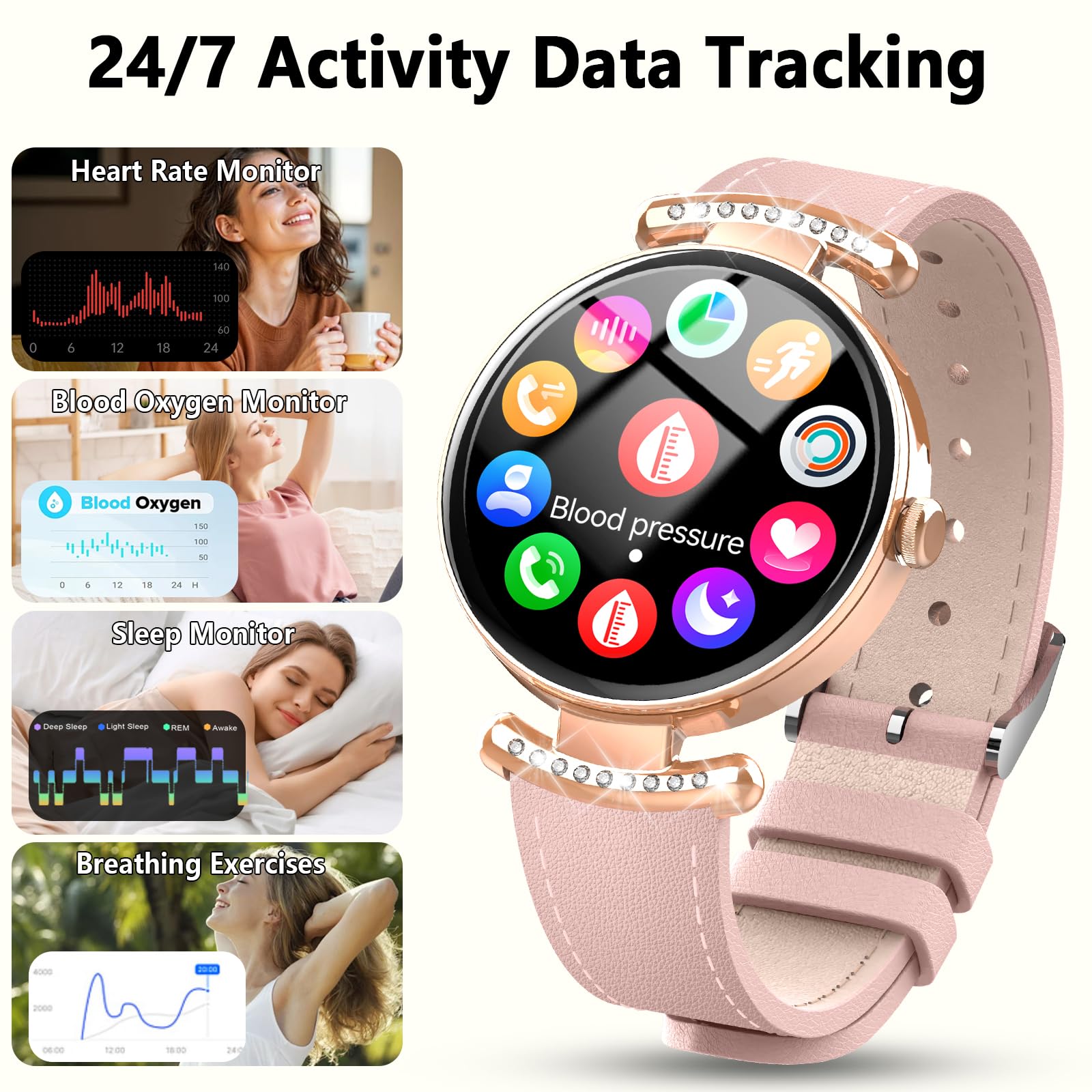 Montre connectée femme AMOLED 1,2 pouces appel Bluetooth fréquence cardiaque