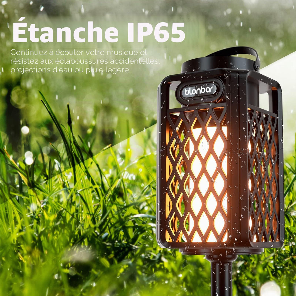 Enceinte Bluetooth lanterne à flamme LED — ambiance flamme réaliste, IP65, 24h, crochet et piquet