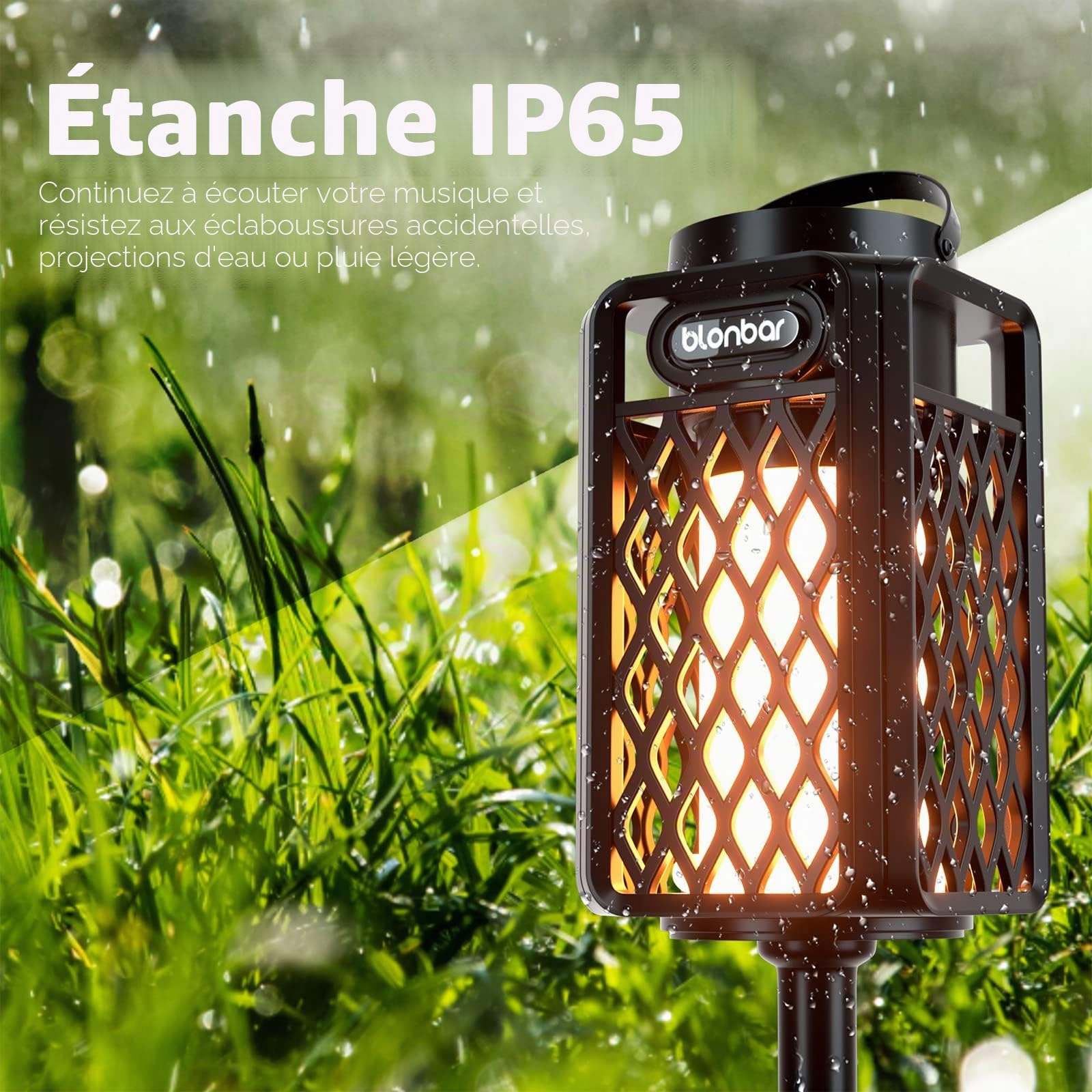 Enceinte Bluetooth lanterne à flamme LED — ambiance flamme réaliste, IP65, 24h, crochet et piquet