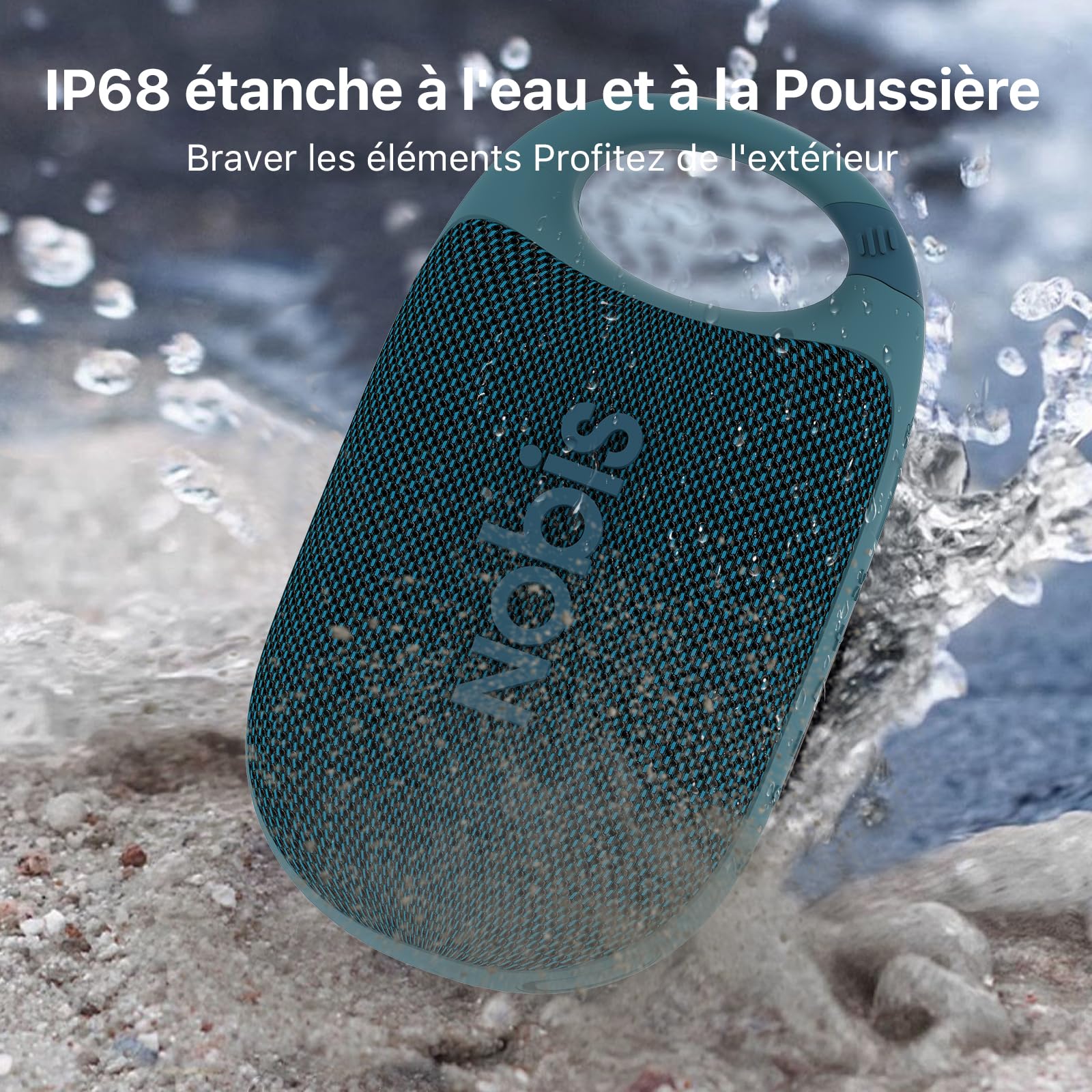 Mini enceinte Bluetooth à mousqueton — étanche IP68, mode rythmique, 24h, pilotable par appli