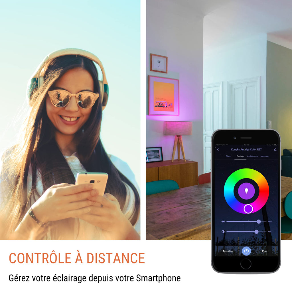 Ampoule LED connectée E27 — WiFi + Bluetooth, 1055 lm, 16 millions de couleurs + blanc réglable, compatible Alexa & Google
