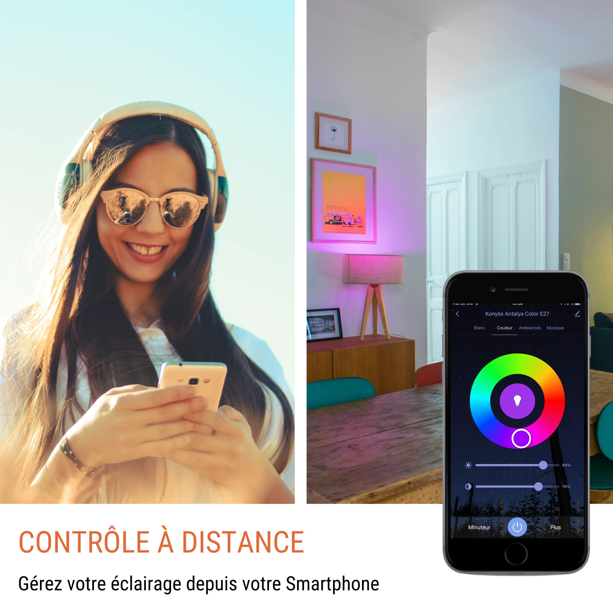 Ampoule LED connectée E27 — WiFi + Bluetooth, 1055 lm, 16 millions de couleurs + blanc réglable, compatible Alexa & Google