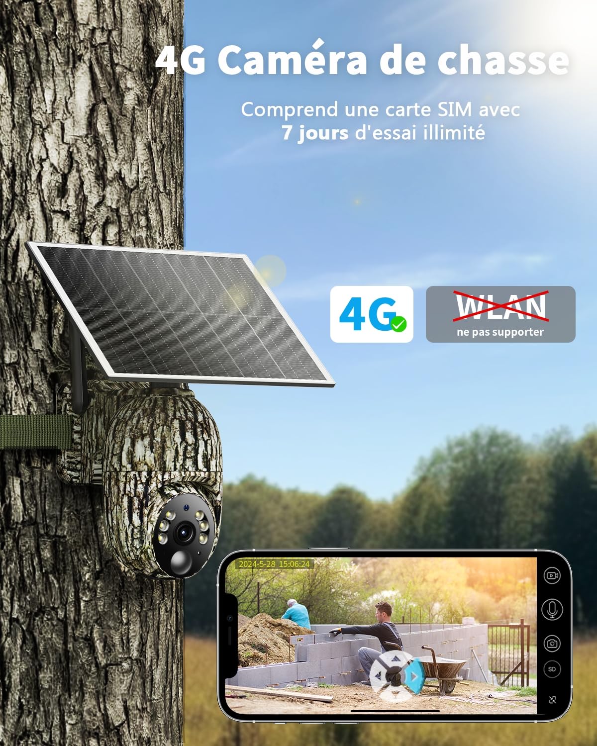 Caméra 4G solaire avec carte SIM — sans WiFi, surveillance 360°, détection animaux, vidéo en direct mobile