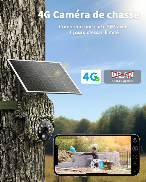 Caméra 4G solaire avec carte SIM — sans WiFi, surveillance 360°, détection animaux, vidéo en direct mobile