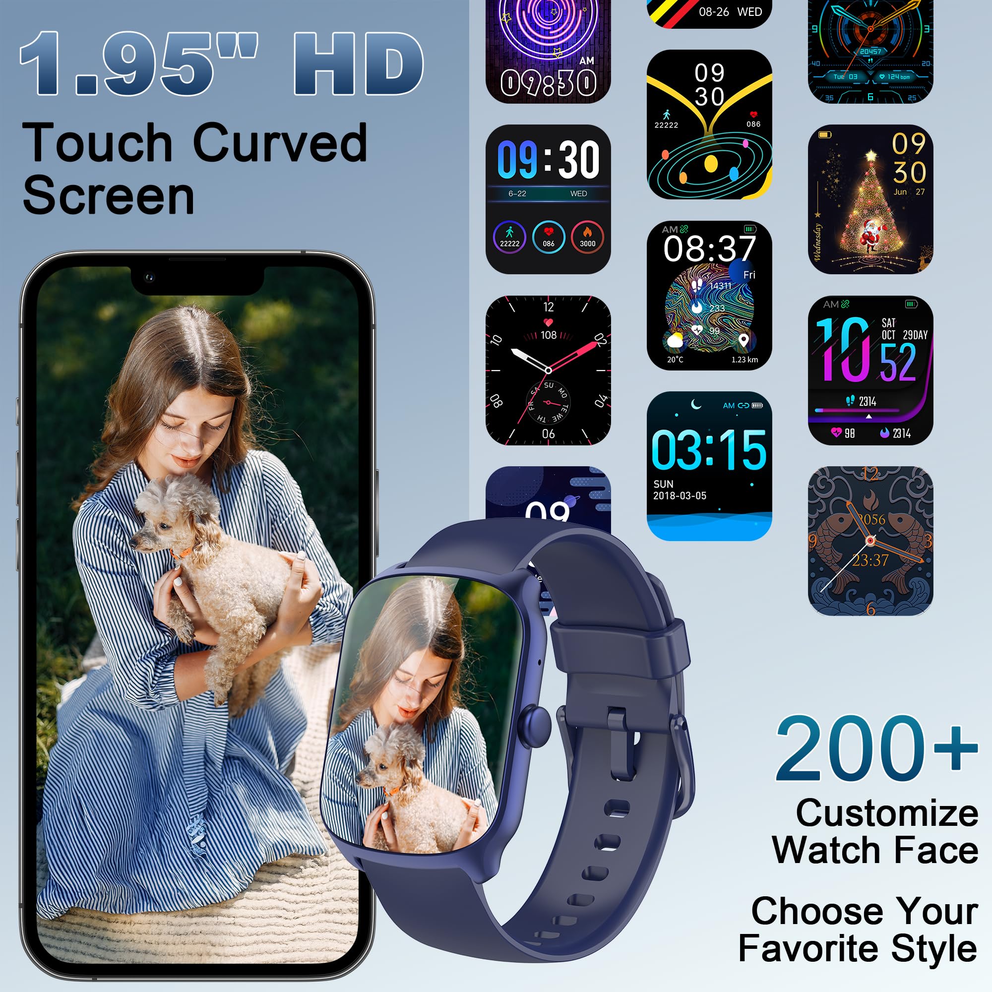 Montre connectée homme femme écran incurvé HD 1,95 pouces appel Bluetooth