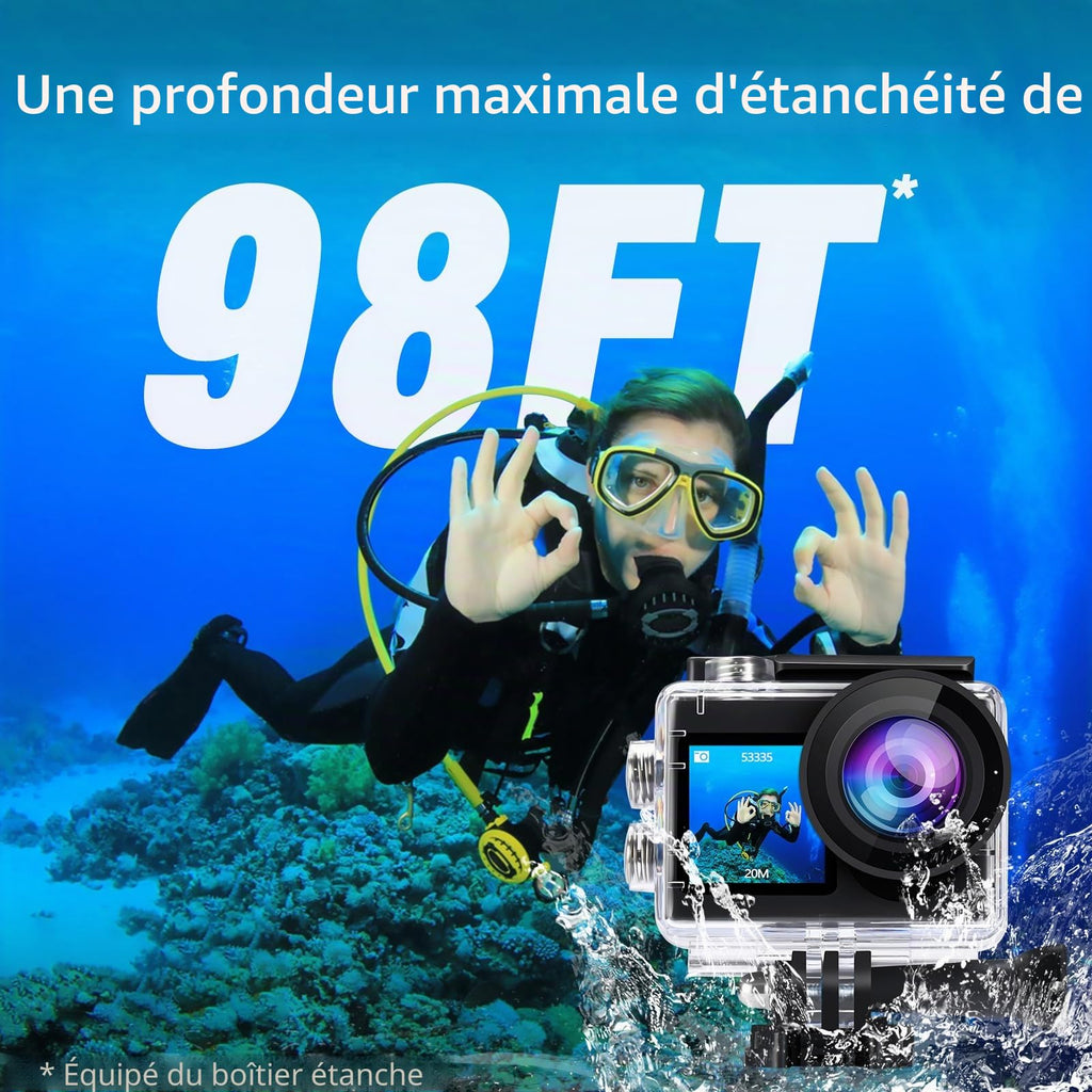 Caméra action 4K 60fps 20MP — étanche 30 m, WiFi, stabilisation EIS, 2 batteries 1350 mAh