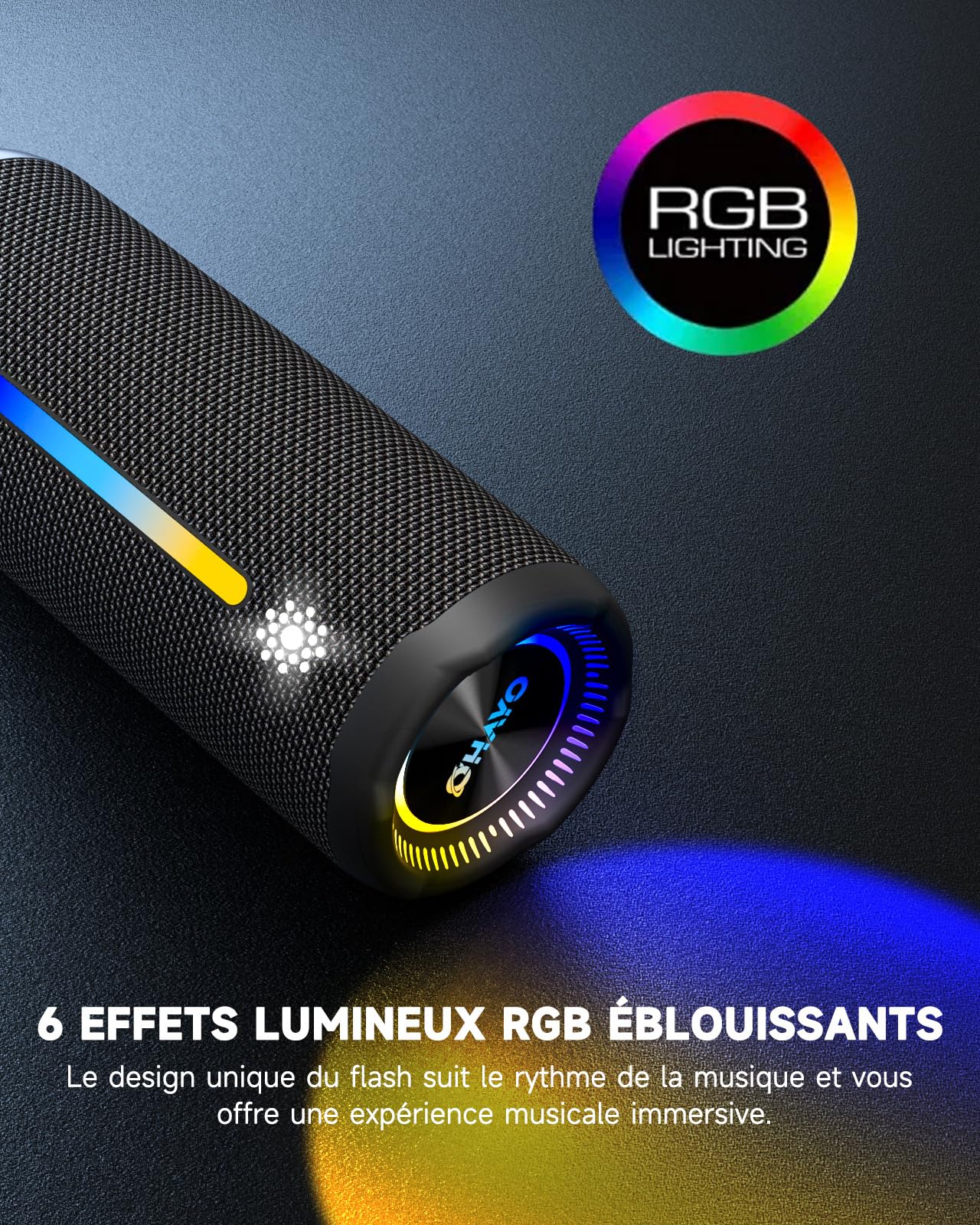 Enceinte Bluetooth lumineuse 25W — woofer + tweeter, 6 effets RGB, IPX7, 24h