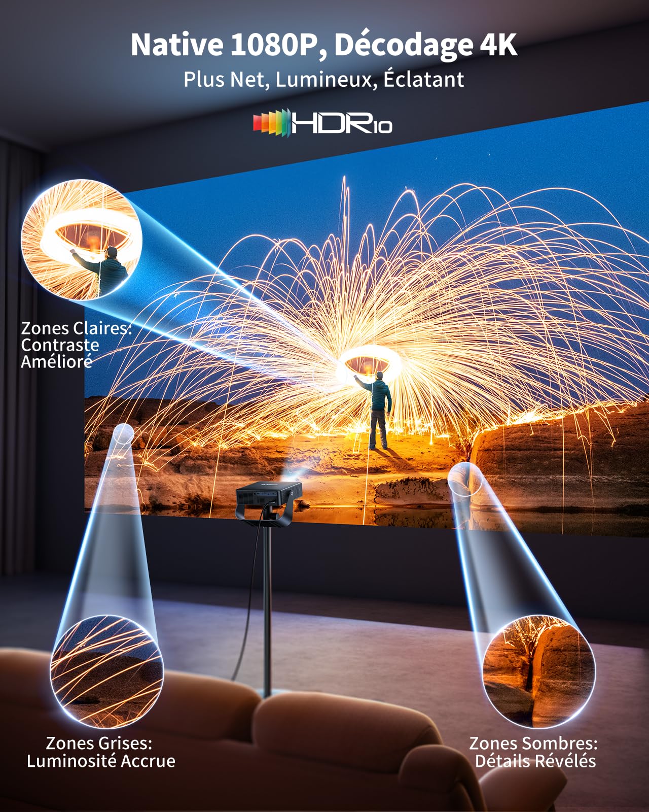 Vidéoprojecteur mini 4K apps officielles live TV rotation 330° autofocus