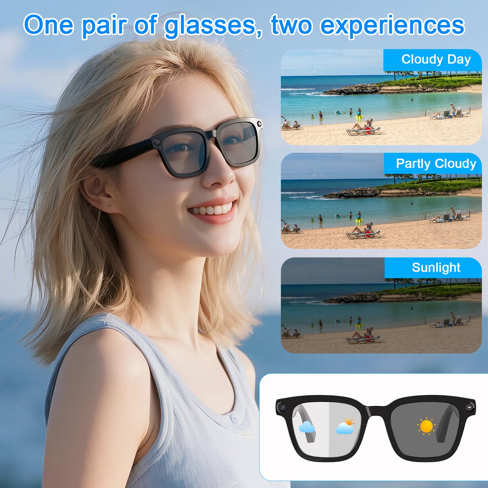 Lunettes connectées caméra 8MP 1200P IA USB-C, double micro enregistrement