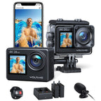 Caméra sport 4K UHD 24MP double écran — étanche 40 m, WiFi, 2 batteries + station de charge, kit accessoires