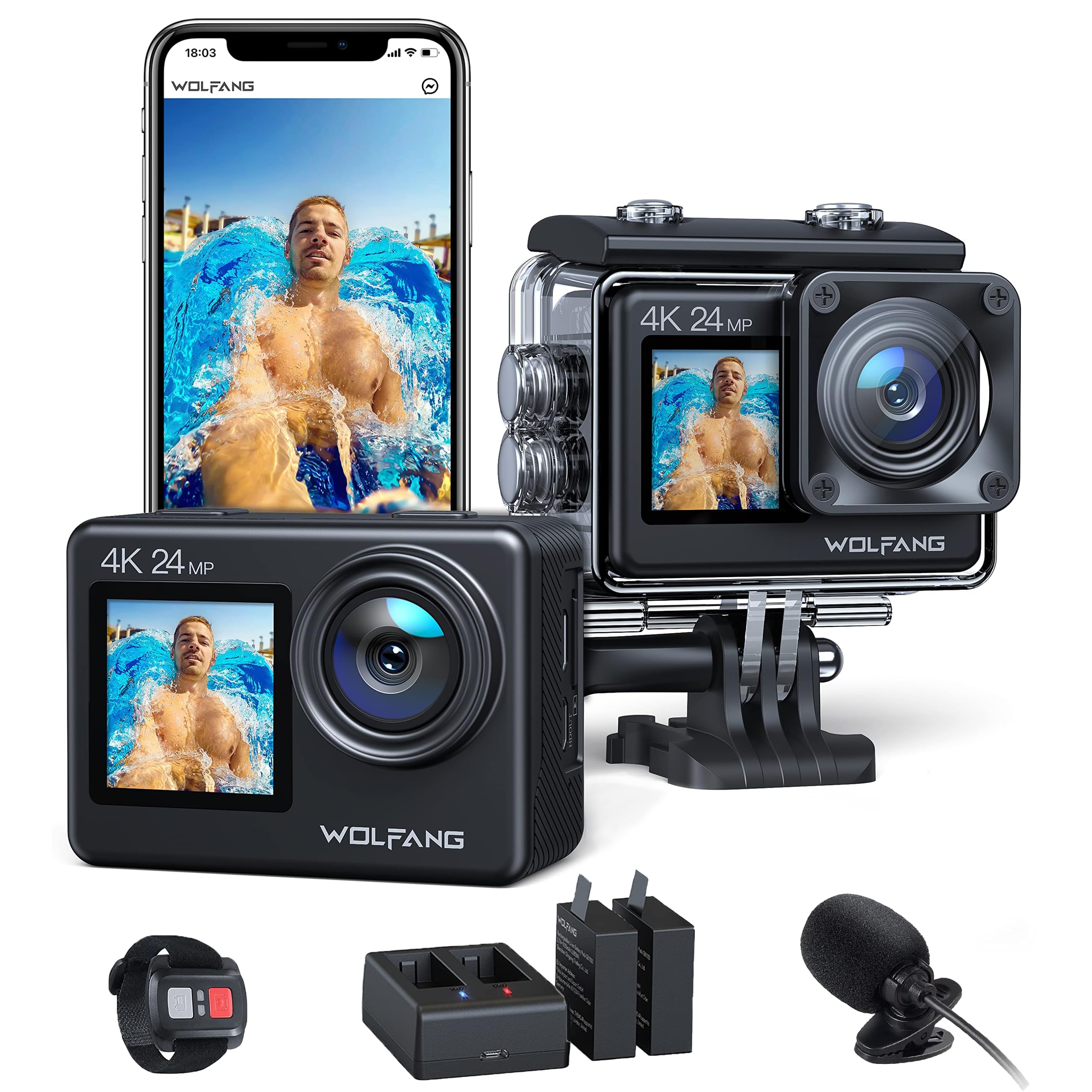 Caméra sport 4K UHD 24MP double écran — étanche 40 m, WiFi, 2 batteries + station de charge, kit accessoires