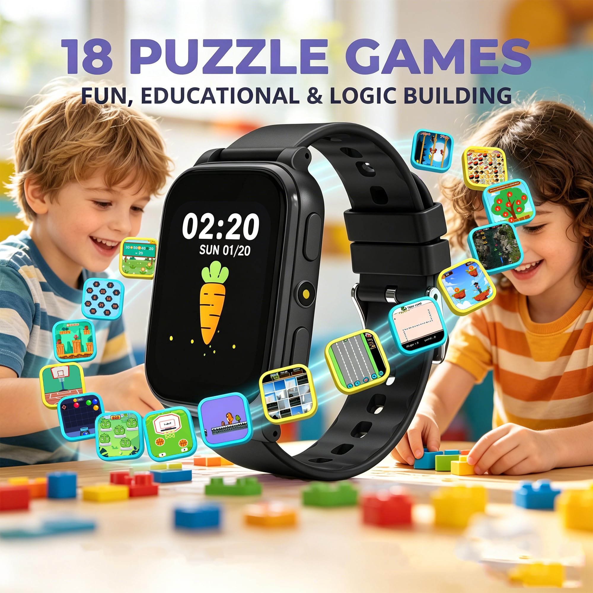 Montre connectée enfant 1,83 pouces HD 18 jeux suivi sommeil sport podomètre