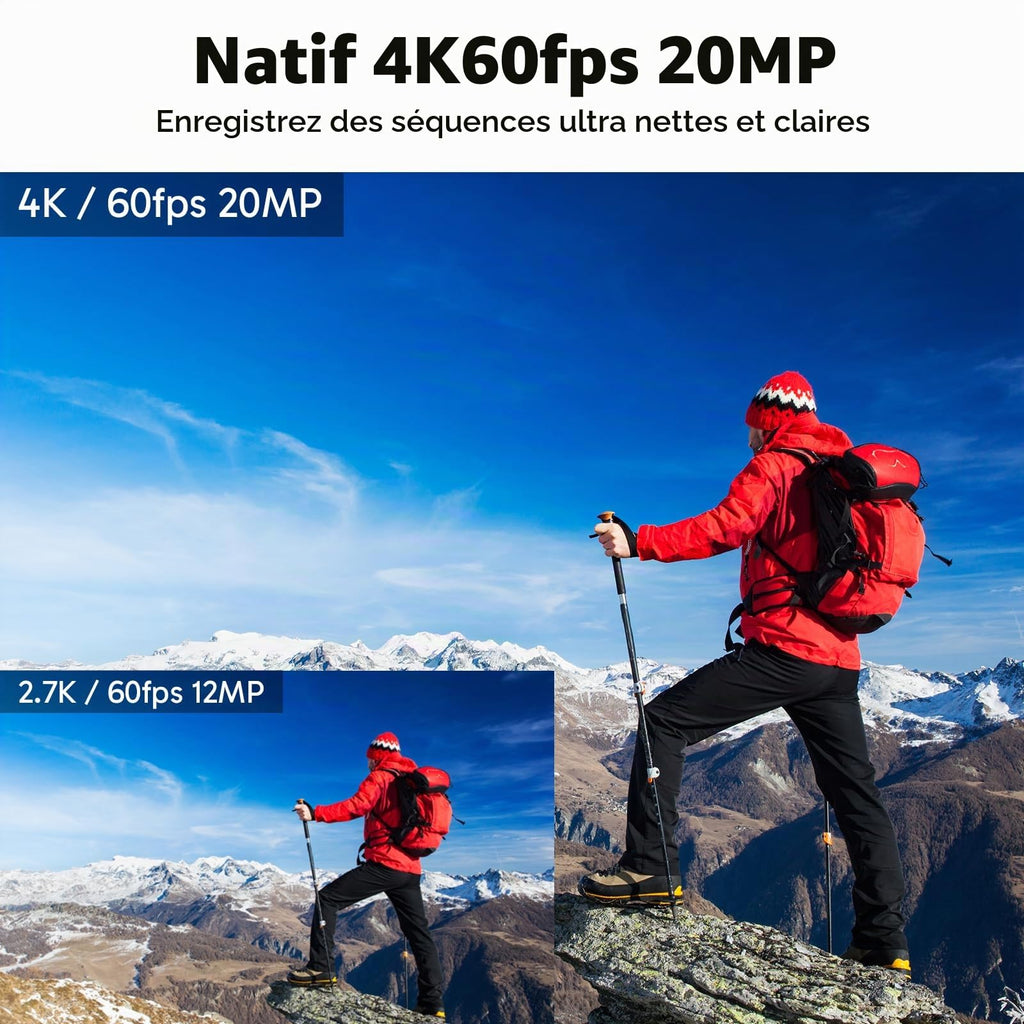 Caméra sport 4K 60fps 20MP action cam 64Go double écran V50 Elite