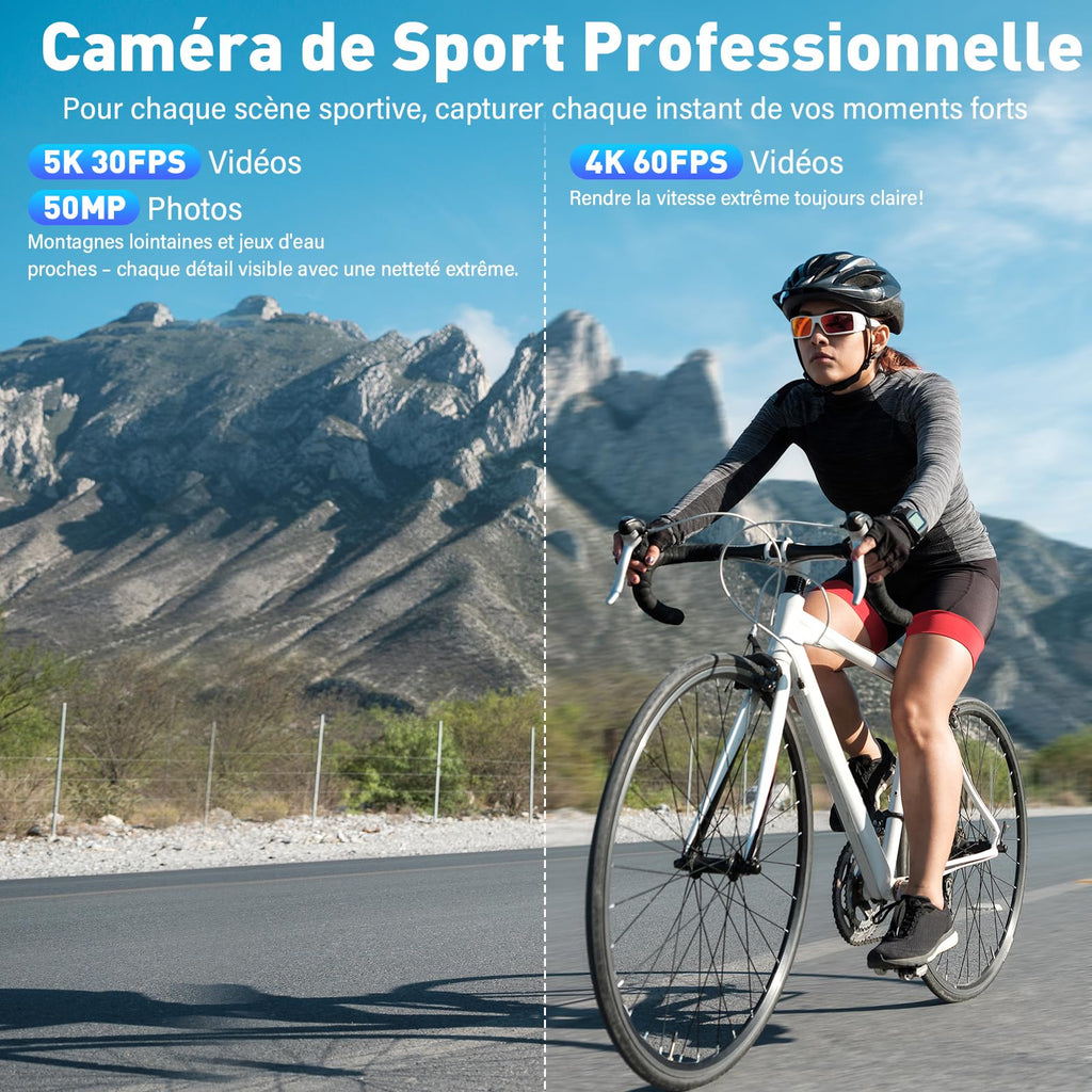 Caméra d'action 5K 50MP double écran tactile — zoom 5X, stabilisation EIS 6 axes, étanche 30 m, WiFi