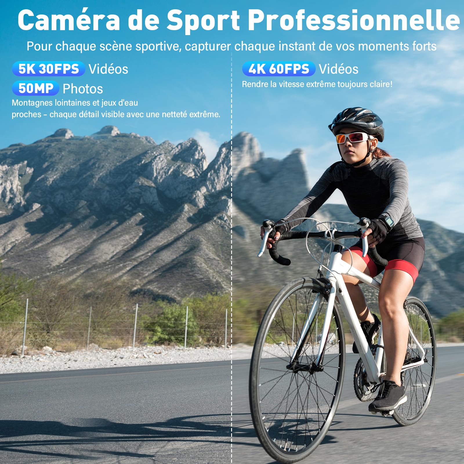 Caméra d'action 5K 50MP double écran tactile — zoom 5X, stabilisation EIS 6 axes, étanche 30 m, WiFi