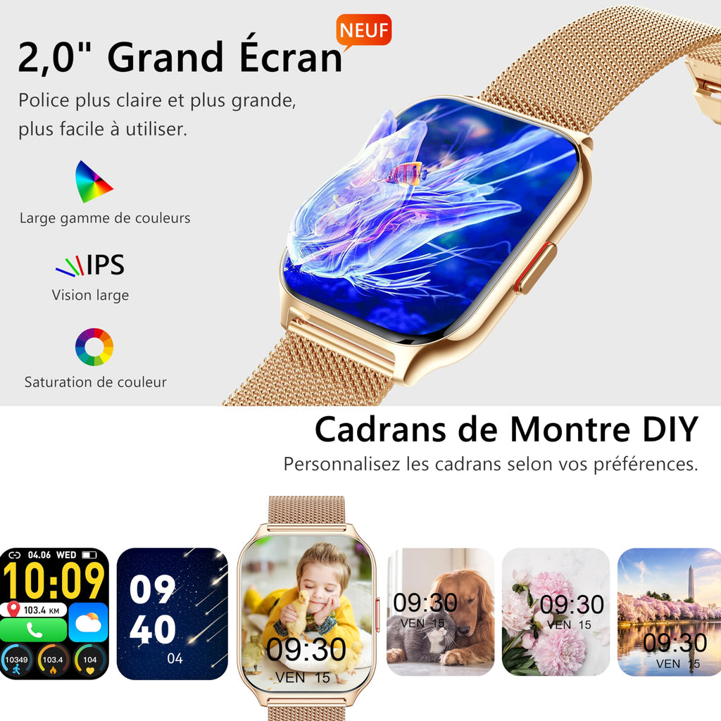 Montre connectée femme homme HD 2,0" — appels Bluetooth, SpO2, 100+ modes sport