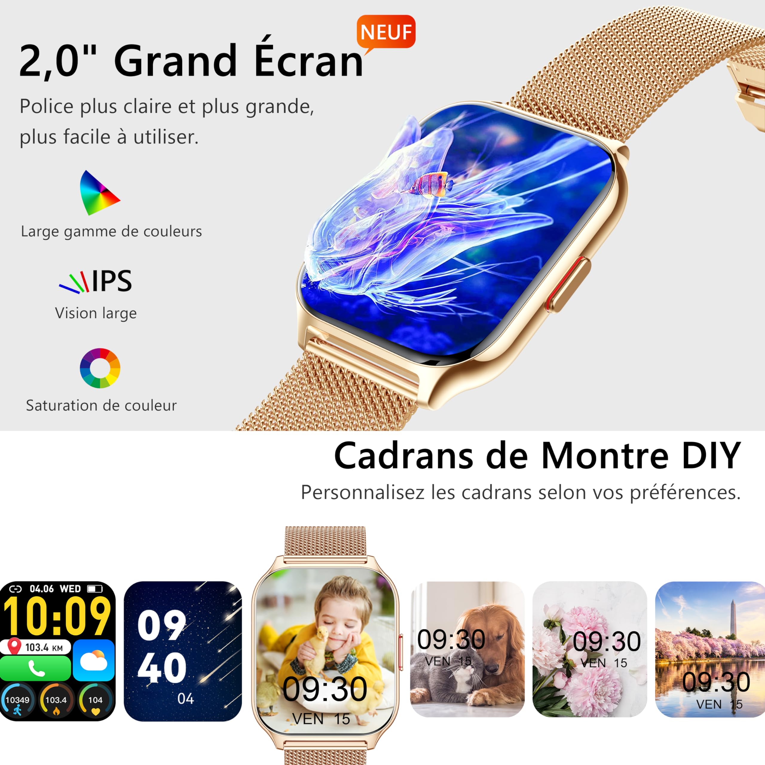 Montre connectée femme homme HD 2,0" — appels Bluetooth, SpO2, 100+ modes sport