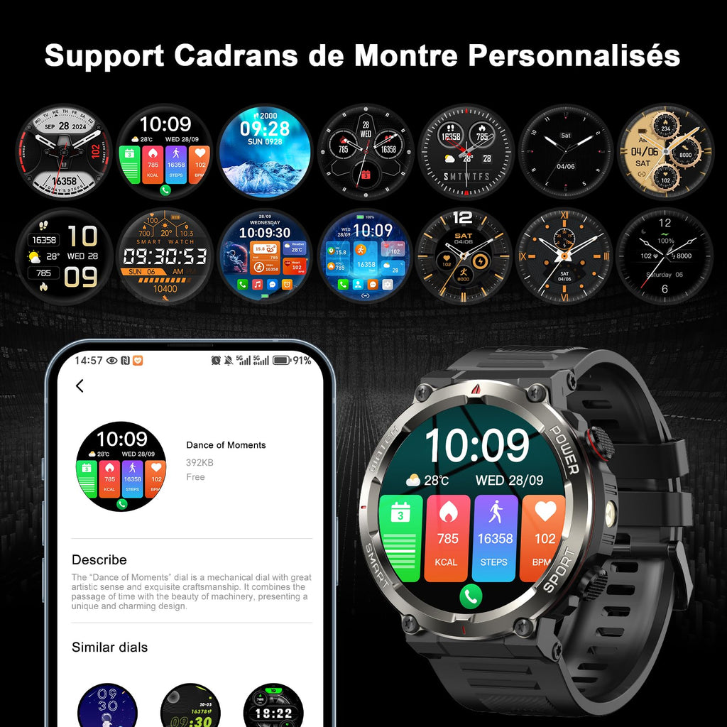 Montre connectée homme appel Bluetooth WhatsApp écran HD 1,45 pouces tactile