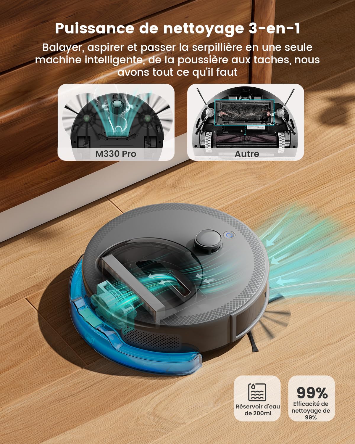 Robot aspirateur laveur 3 en 1 5000Pa navigation LiDAR cartographie sol