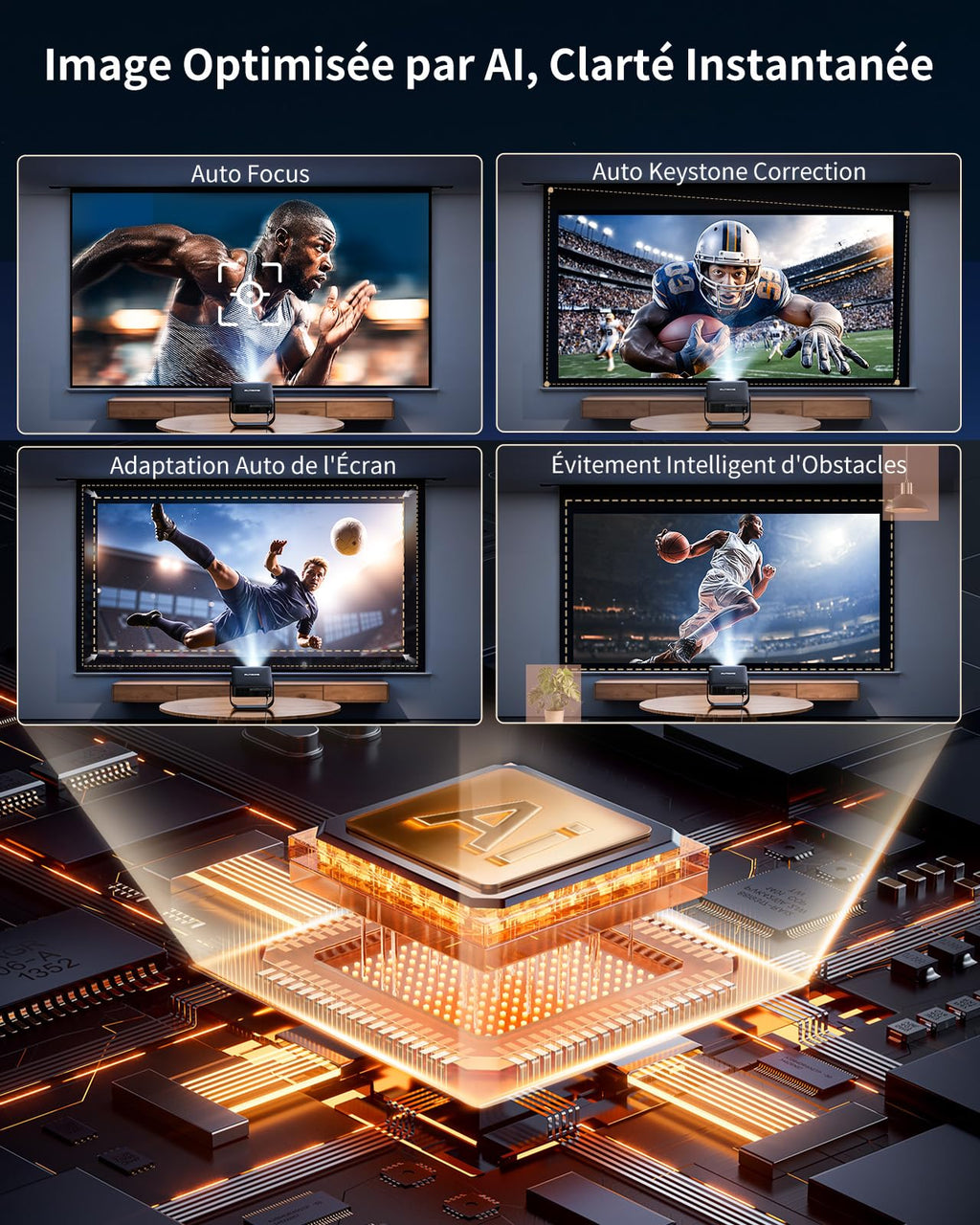 Vidéoprojecteur mini 4K apps officielles live TV rotation 330° autofocus