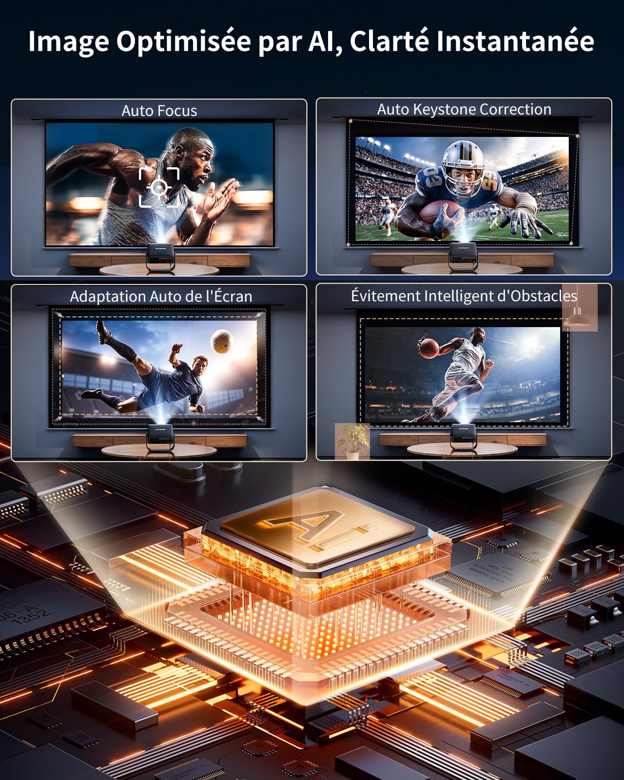 Vidéoprojecteur mini 4K apps officielles live TV rotation 330° autofocus