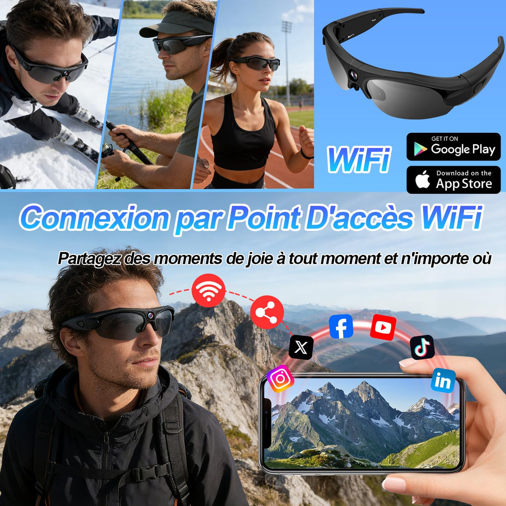 Lunettes connectées sport caméra 1080P HD grand angle 120° action