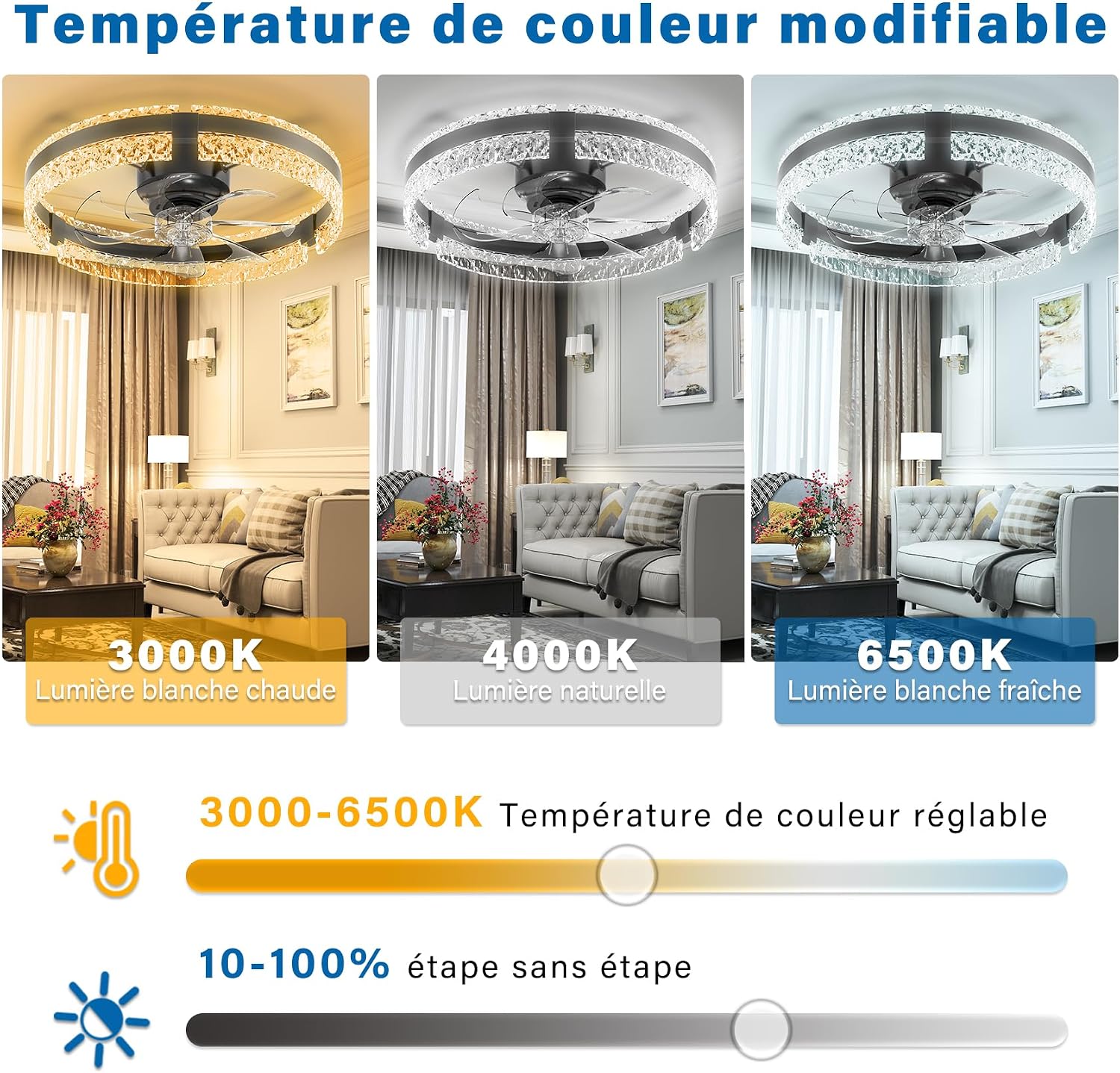 Ventilateur de plafond LED 50 cm noir — télécommande et appli, dimmable — vue 2