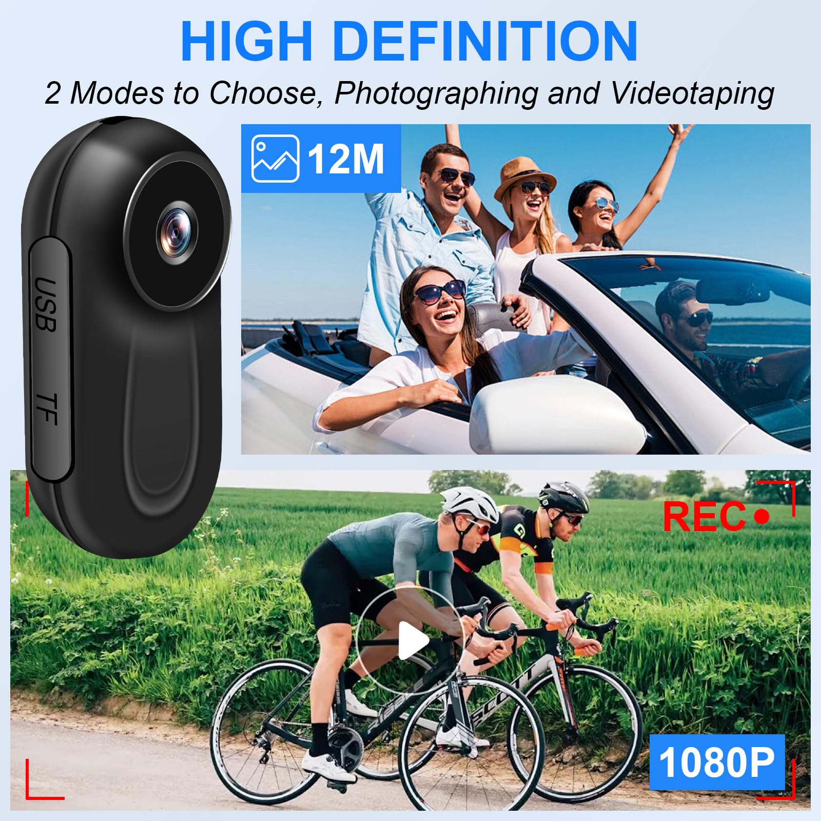 Mini caméra casque 1080P 27 g — écran HD, longue autonomie, kit de fixations universel