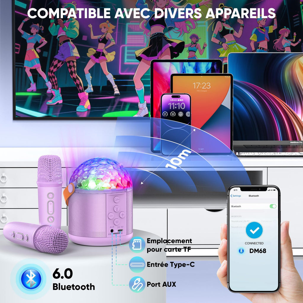 Enceinte karaoké Bluetooth lumineuse — 2 micros sans fil, 6 modes LED disco