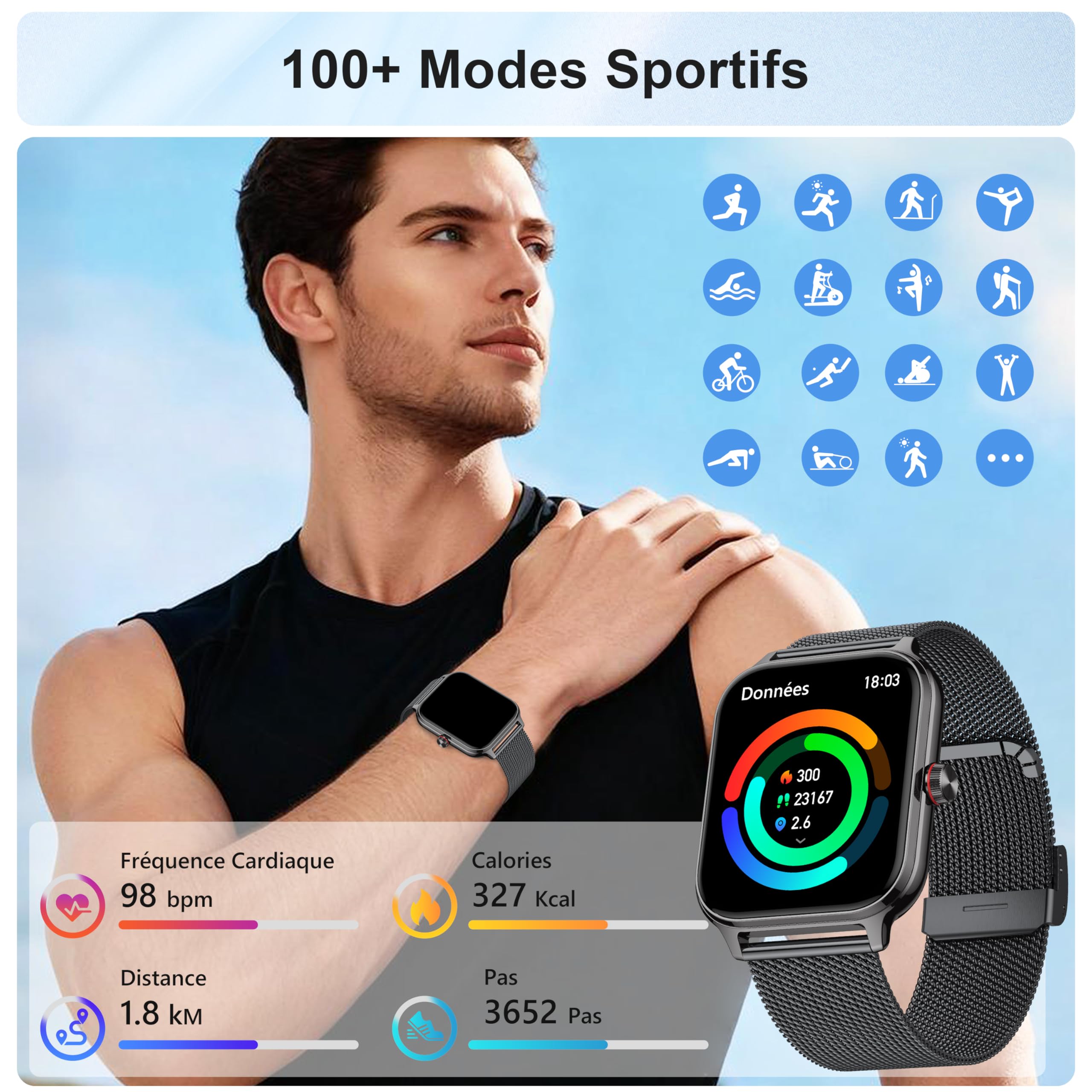 Montre connectée femme appel Bluetooth compatible iPhone Android sport