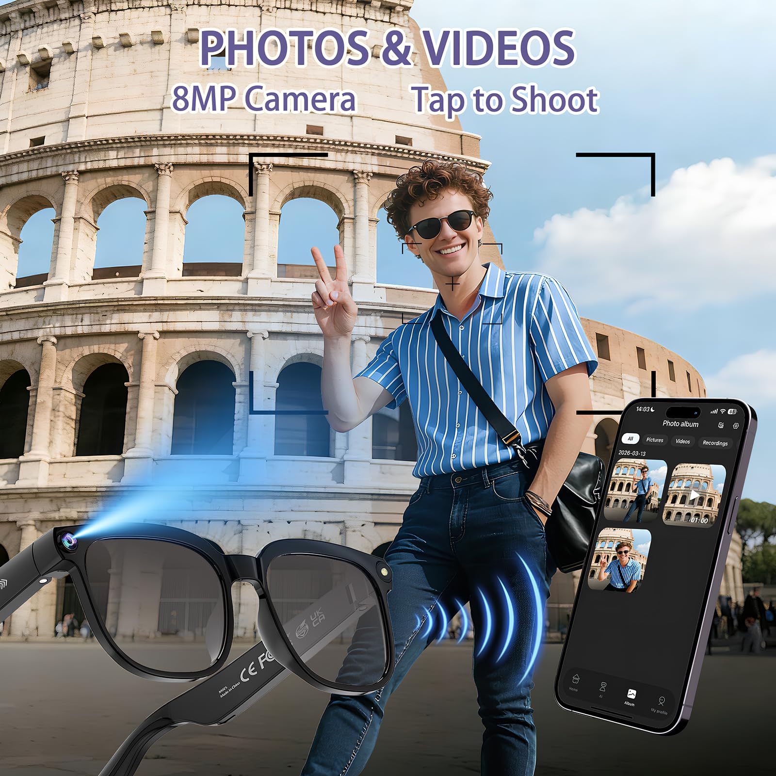 Lunettes connectées caméra 8MP 1080P traducteur IA intelligence artificielle