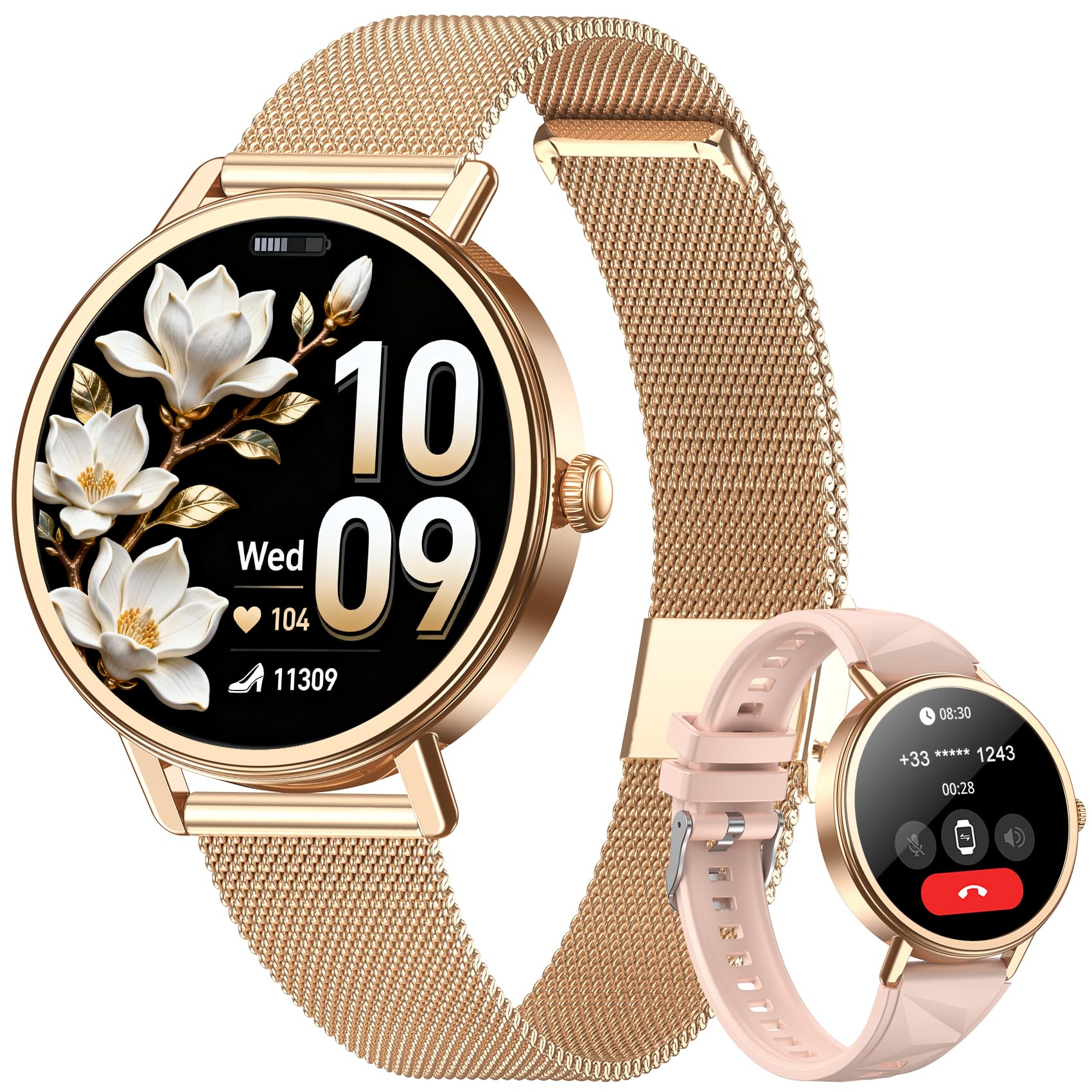Montre connectée femme 1,26 pouces appel Bluetooth suivi cycle menstruel