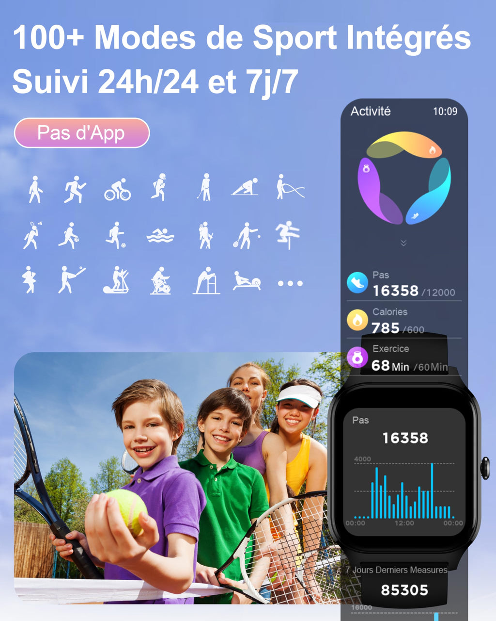 Montre connectée enfant — 100+ sports, suivi santé, sans appli (fille garçon)