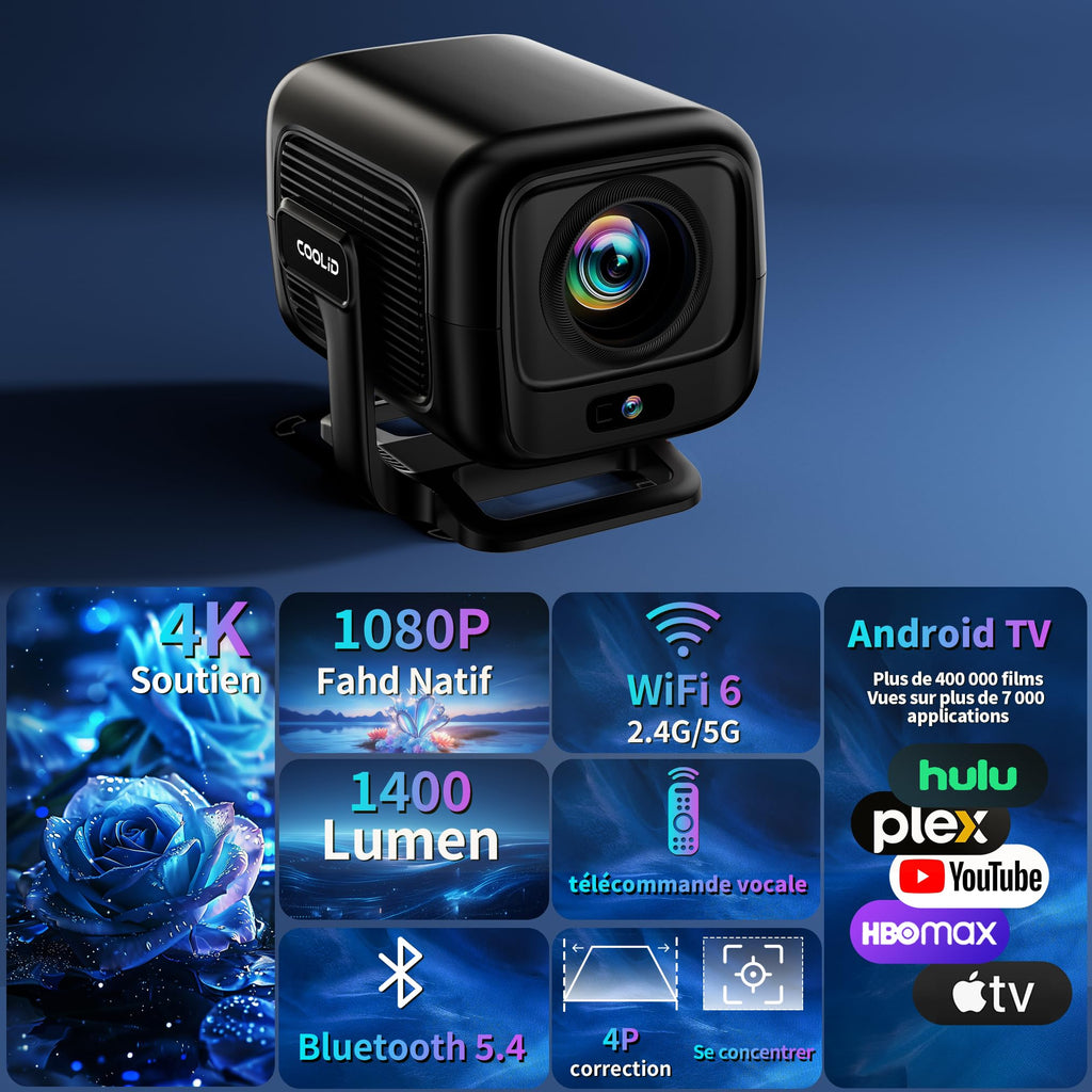 Vidéoprojecteur portable 1080P — WiFi 6, Bluetooth 5.4 bidirectionnel, autofocus et correction trapézoïdale, apps intégrées